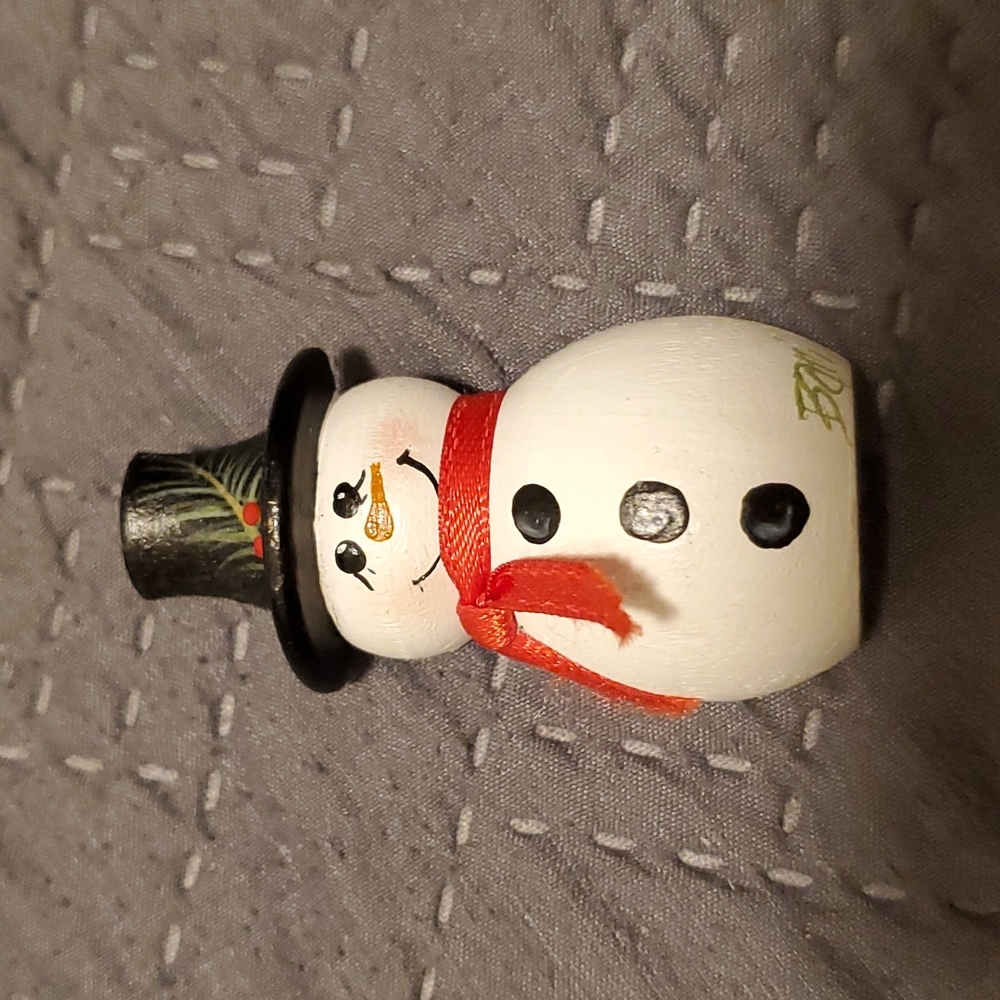 Wooden hand crafted snow man pin